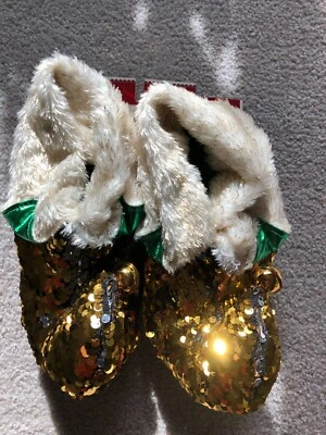 SANTA ELF Slippers Fuzzy Gold Silver 2018 Christmas Sequin Men Women S/M 5-8 - Image 1 of 4
