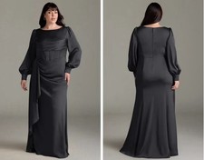 Plus Size Black Formal Maxi Dress Scoop Neck Balloon Sleeve Draped Pleated