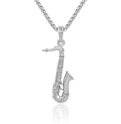 14K Solid White Gold Saxophone Necklace