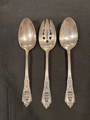 Three Large Wallace Rose Point Sterling Silver Tablespoons 8 3/8" w One Pierced