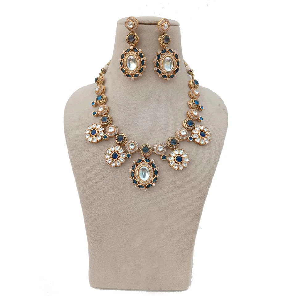 Collar de diamantes Polki enchapado en oro de 22k: zafiro azul, joyería nupcial de diamantes Foto 2 de 4