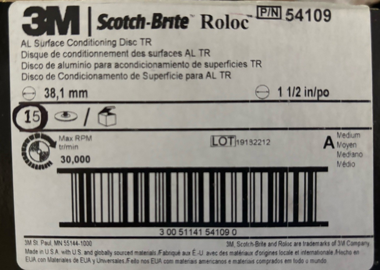 3M 1-1/2” Scotch-Brite ROLOC Grade A Medium  54109  AL Disc TR    15 Wheels