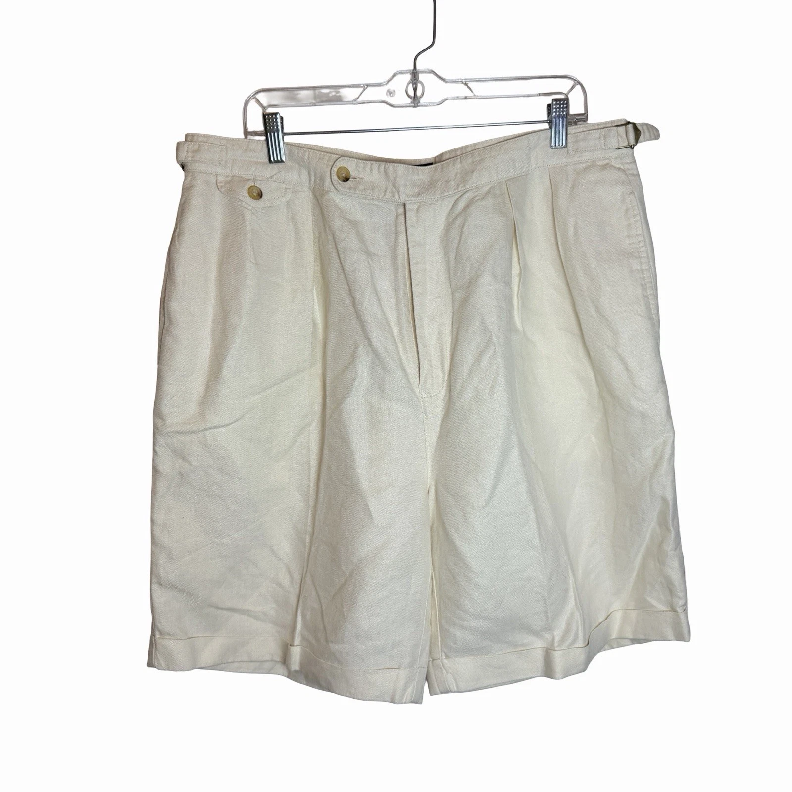 Vintage Tommy Hilfiger Shorts Men's 38 Ivory Linen Blend Pleated Chino 9" Inseam