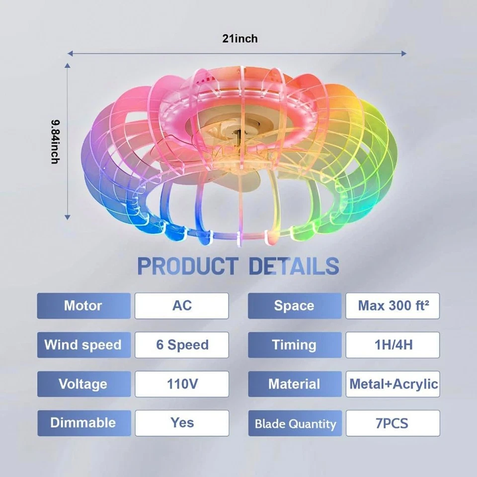 21 in Low Profile Bladeless Ceiling Fan Remote 6 Wind Speeds Reversible - Image 2 of 4
