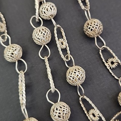 Vintage Mexican Wedding Necklace Silver Tone Filigree Lasso Ball