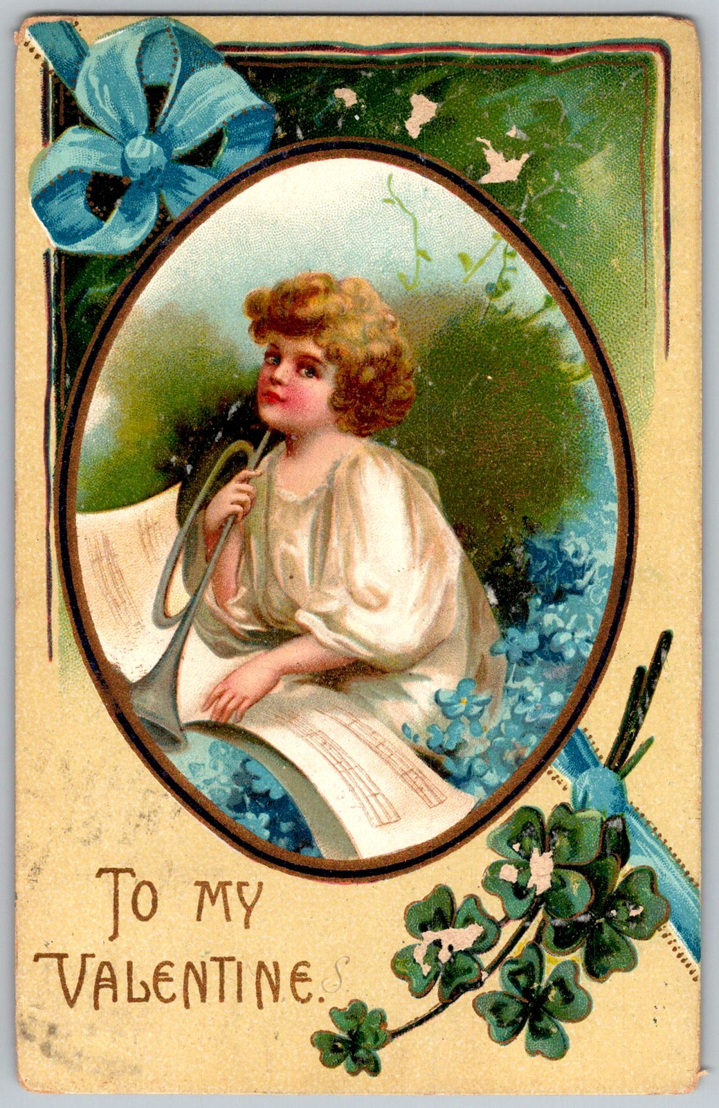Antique Postcard Valentine Cherub Horn Portsmouth, Virginia 1900s