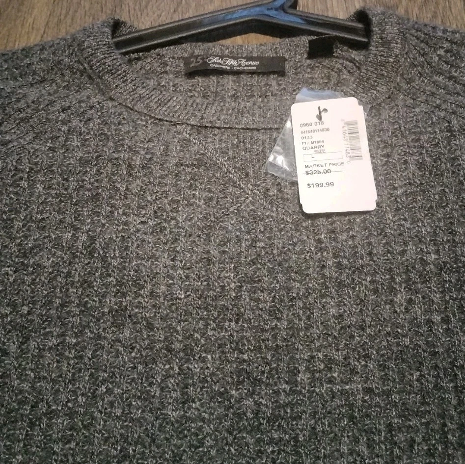 Suéter Pullover Saks Fifth Ave Para Hombres Cachemira Grande Gris Cuello Redondo L/S Nuevo con Etiquetas Foto 3 de 4