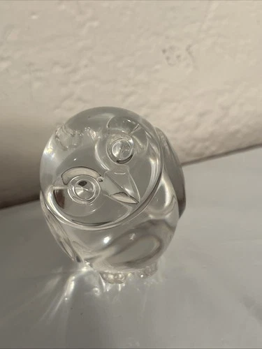 Steuben Glass Crystal Owl Hand Cooler Paperweight Figurine Signed Tilted Head