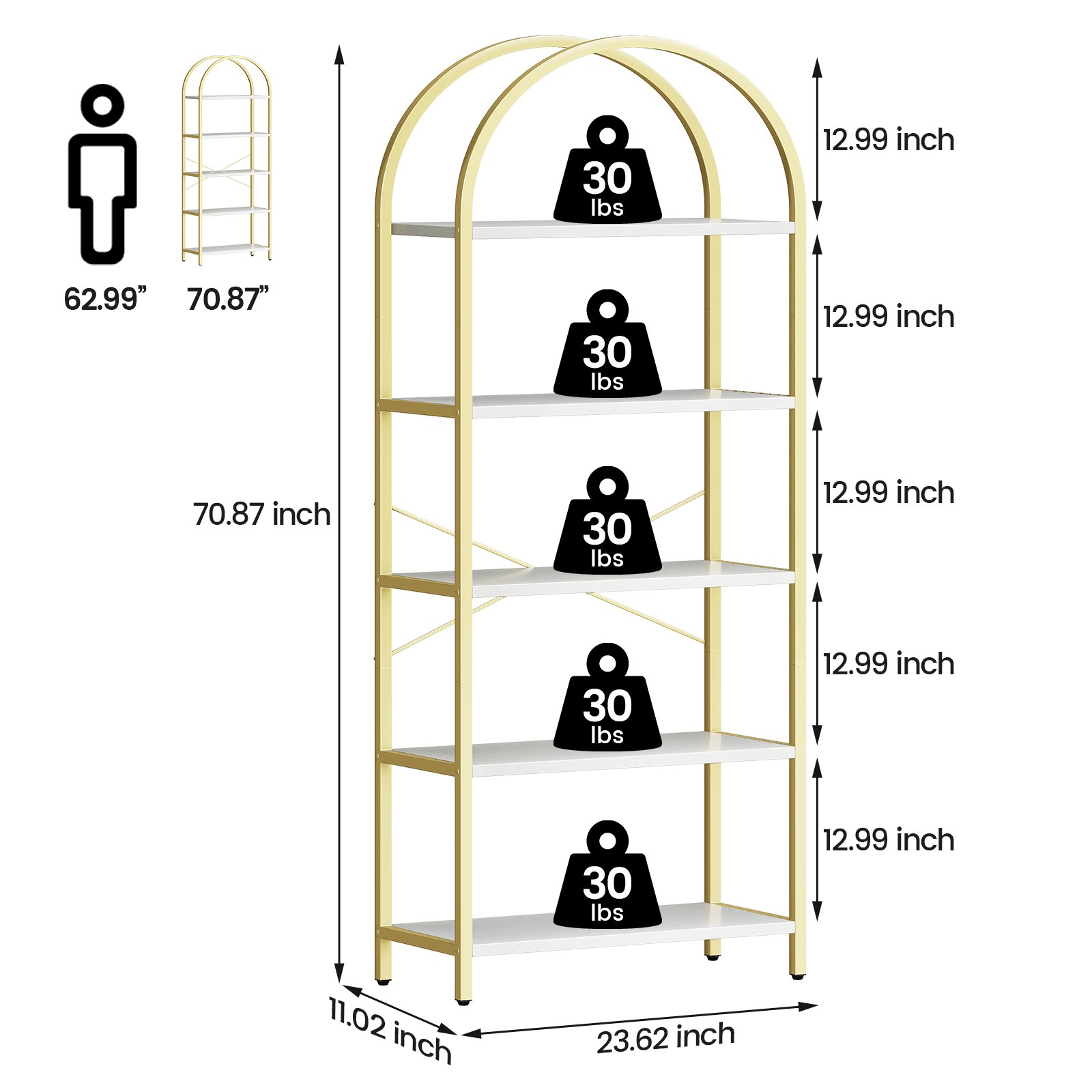 5-Tier Bookshelf, Gold Bookcase Arched Display Racks Tall Standing Bookshelves