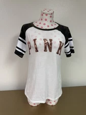 NWT Victoria's Secret PINK Camo Sleeve Rose Gold Bling T Shirt - White - Small