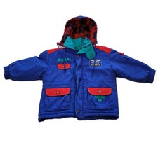 Vtg Oshkosh B'Gosh Kids Winter Coat Snow Jacket Blue Red Patches Flap Pockets