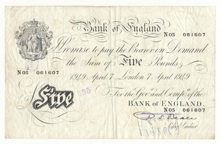 Bank of England White 5 Pounds Note 1949 Sign: P.S. Beale ; P. 344 Crisp F