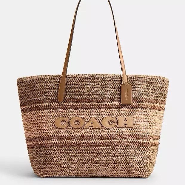 NWT COACH Straw and smooth leather City Tote Bag CBG87 Im/Honey