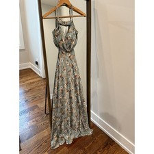 Mable Sage Green Floral Cowl Neck Maxi Dress Large Open Back Satin Cottage