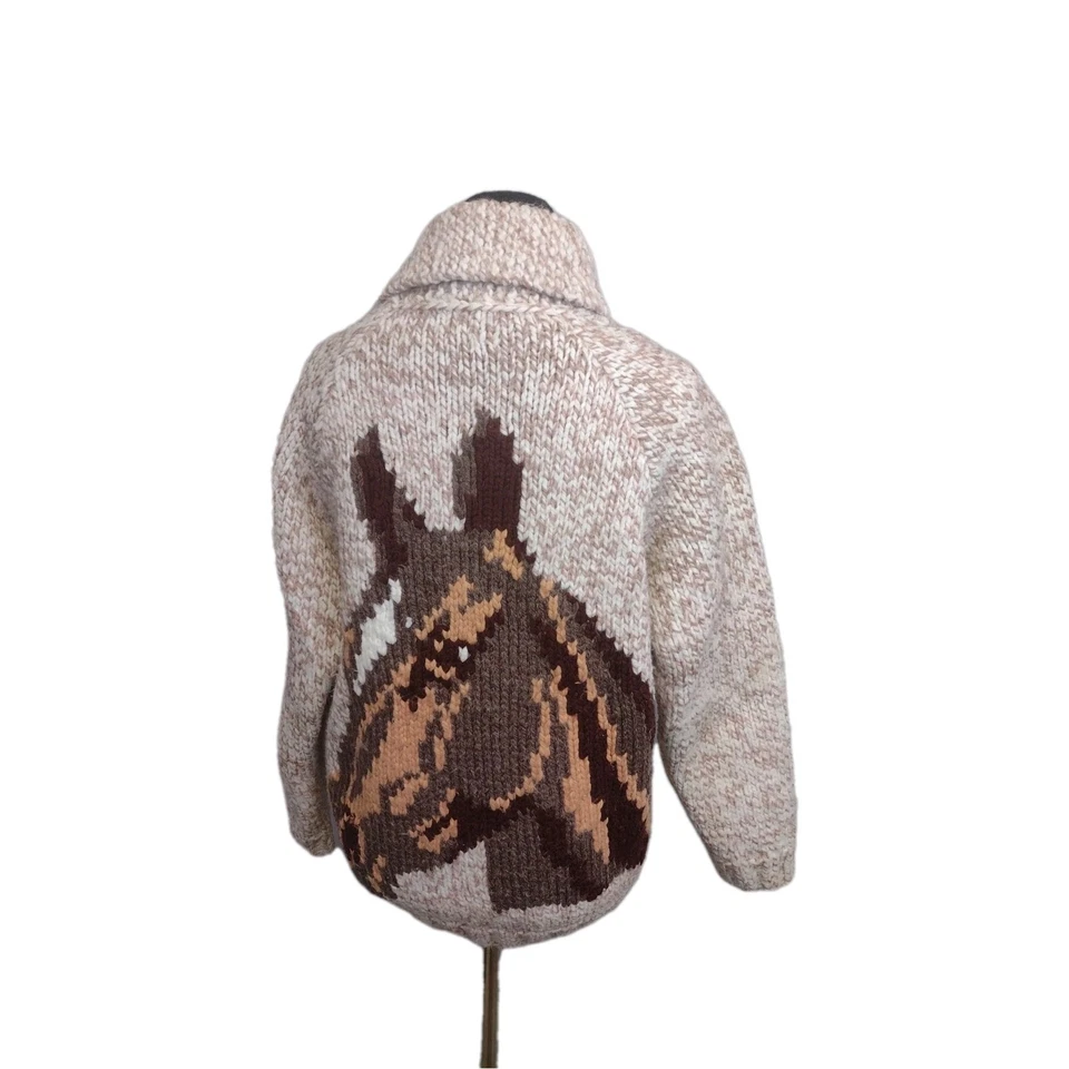 Vintage 50s 60s Handmade Cowichan Wool Sweater Jacket Horse Horseshoe S-M Brown - Image 4 of 4