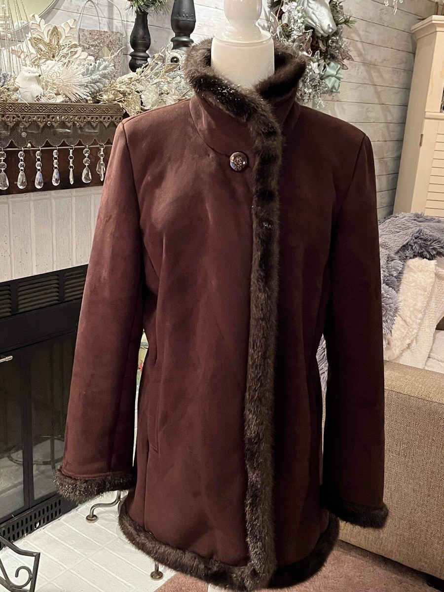Liz Claiborne Brown Plush Velour Winter Jacket w/ Faux Fur, Women’s (M)