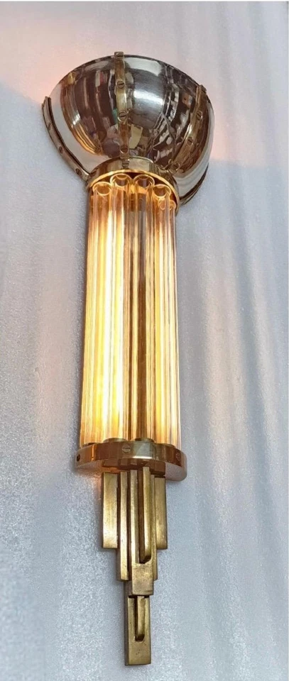 Pair of Antique Vintage Skyscraper Art Deco Wall Sconces – Nickel Brass & Glass - Image 2 of 4