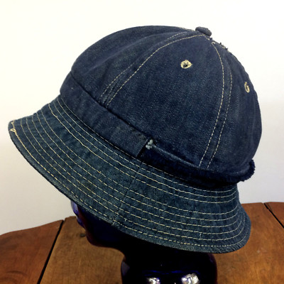 Vintage Distressed 40s 50s Navy Denim Jean Boonie Bucket Cap Hat