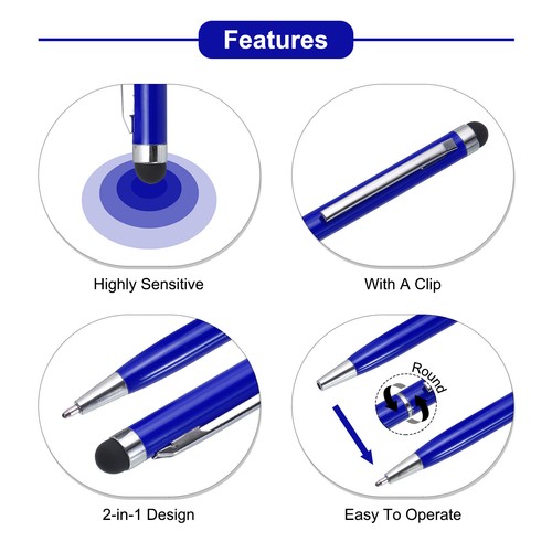 6 pièces stylo à bille stylet en métal 2 en 1 stylo à encre avec embouts de stylet bleu foncé - Photo 4 sur 7