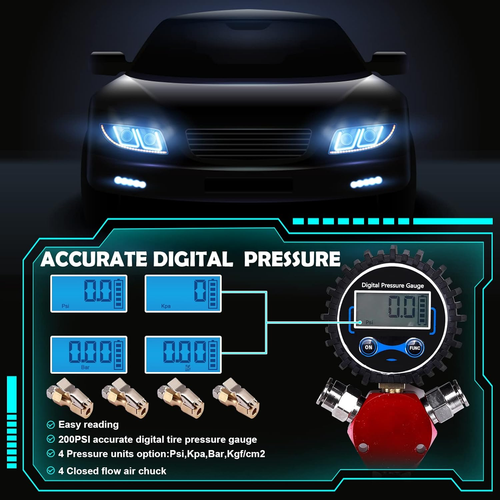 4 Way Tire Inflation Deflation System with 4 Closed Flow Air Chuck Digital Tire - 第 4/12 張圖片