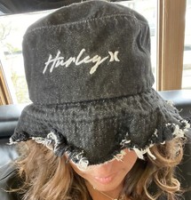 Hurley Distressed Bucket Hat High Trail Boonie Black Denim Sun Hat Cap Raw Edge