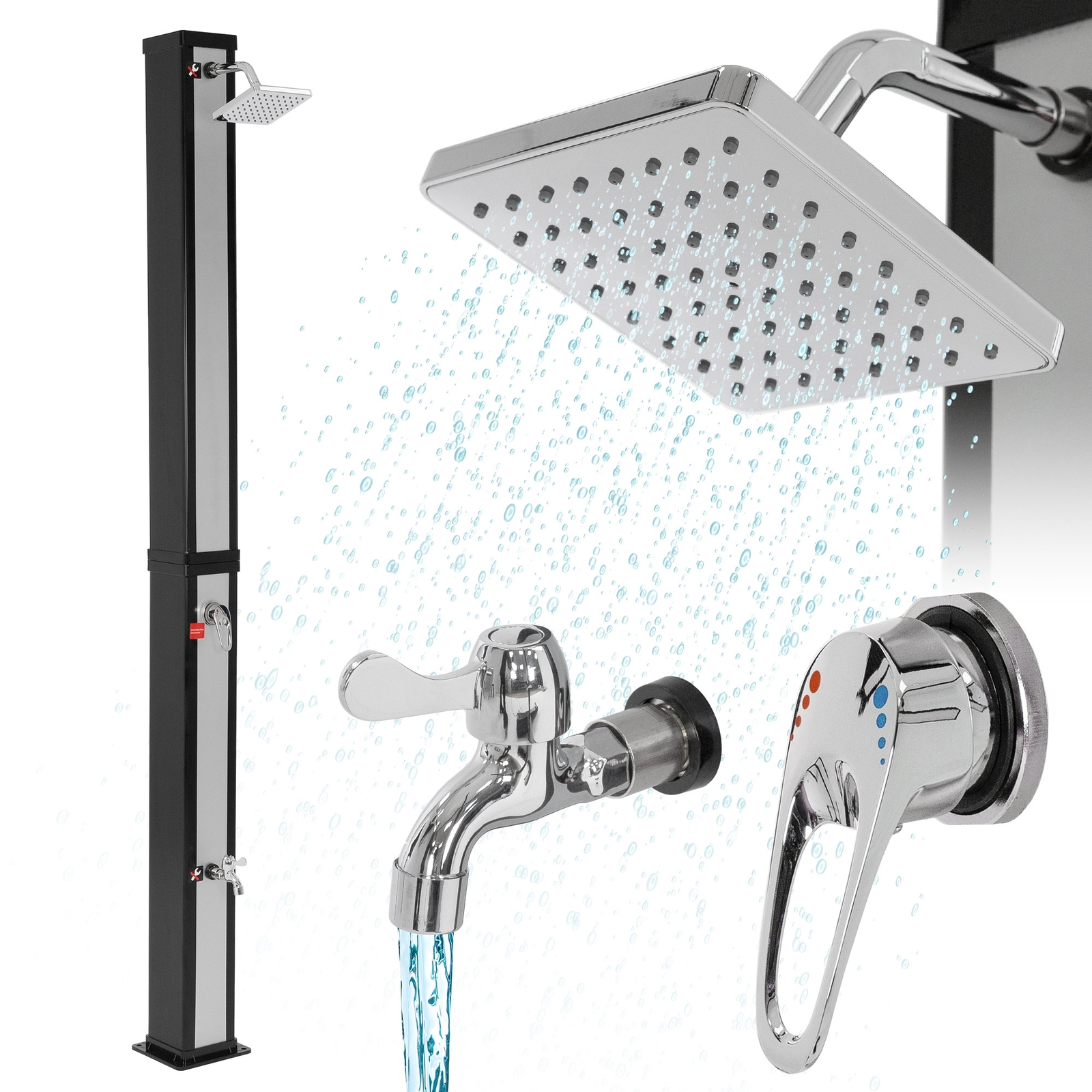 Ducha solar de jardín 40 L negro/plata cabezal ajustable grifo piscina camping