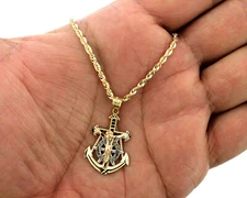 Mens 10K Gold Jesus Anchor Cross Charm Pendant With 2.5mm Rope Chain Necklace