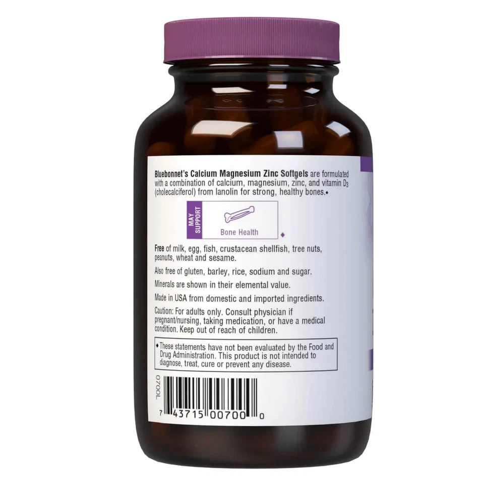 Bluebonnet Calcio Magnesio Zinc y Vitamina D3 60 Cápsulas Blandas Foto 3 de 4