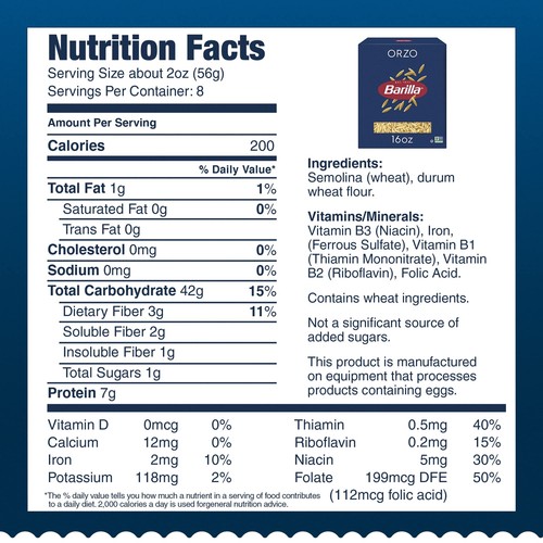 Barilla Orzo Pasta 16 Oz Box Pack of 16 - Non-GMO Pasta Made with Durum Wheat... - Picture 5 of 7