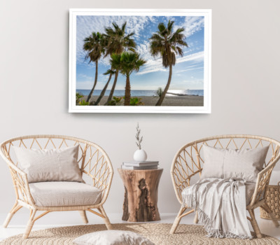 Plam Trees Print, Sea Shore Wall Art, Cloudy Sky Framed Beach Wall Art, Coastal