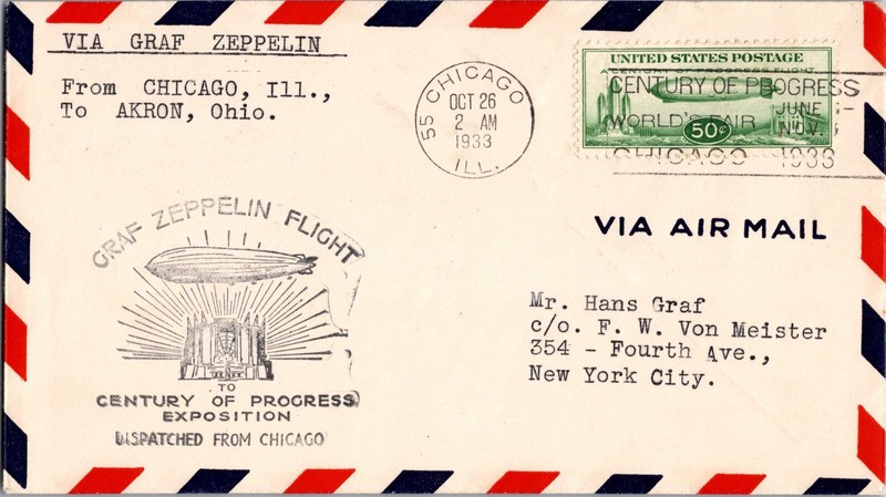 1933 USA IL Chicago LZ 127 Graf Zeppelin Flight Airmail cover To Akron OH