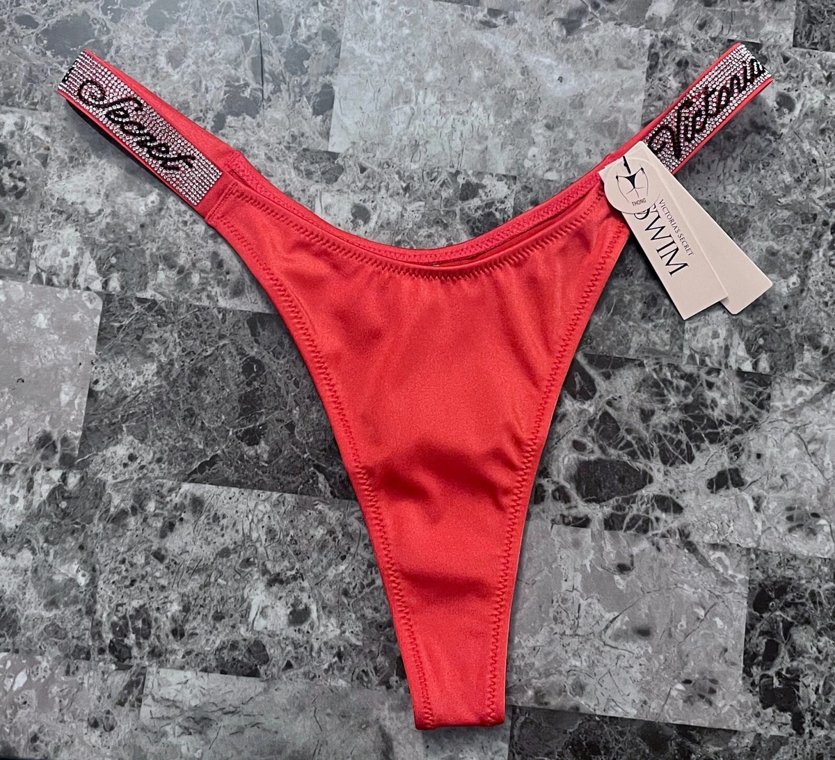 NWT VICTORIA'S SECRET S RED SILVER RHINESTONE SHINE STRAP THONG BIKINI  BOTTOM