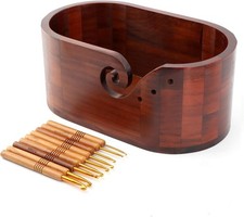 Oval Wooden Yarn Bowl,Knitting Yarn Bowl Holder with 9pcs Crochet Hooks..