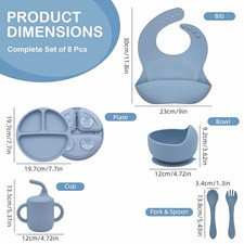 Blue Silicone Baby Feeding Set w/ Suction Base Bib Plate Bowl Cup Fork Spoon