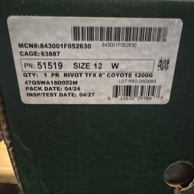 Rivot TFX 8" Tactical Boots Coyote 1200G Insulated Mens US 12 Wide MPN 51519