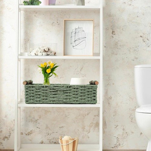 Round Paper Rope Storage Basket Wicker Baskets for Organizing with Handle, Green - Picture 4 of 11