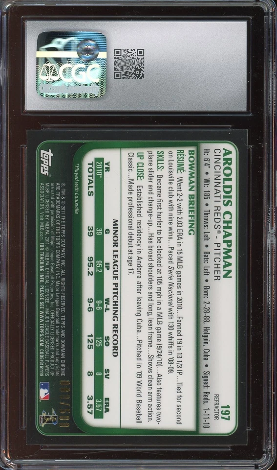 2011 年 Bowman Aroldis Chapman Chrome 新秀亲笔签名 RC 折射器 #80/500 Reds CGC 9 — 第 2/2 张图片