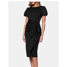 XSCAPE draped puff-sleeve cocktail sheath dress black stretch size 6 NWT