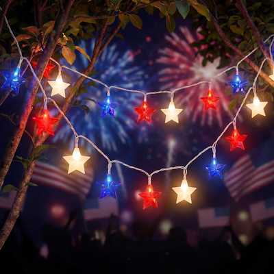 Red White and Blue Lights, 12Ft 4Th of July Light with 20 LED Star Lights, Star 