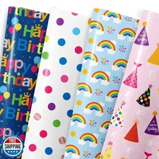 Birthday Wrapping Paper Sheet - 8 Sheets Folded Flat Gift Wrap wi