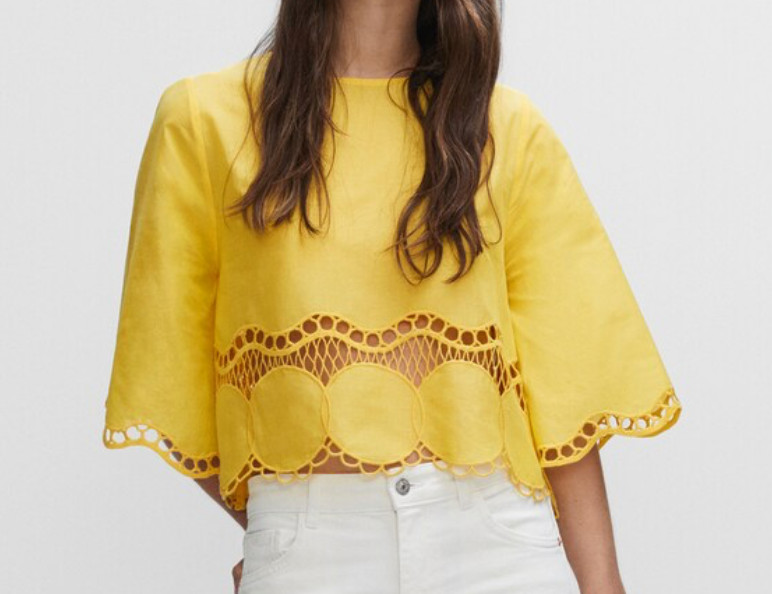 MANGO MNG Bright Yellow CROPPED OVERSIZED TOP Embroidered Crochet Lace SIZE 4