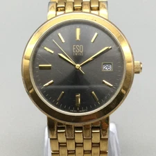 ESQ Swiss Watch Mens 35mm Gold Tone Black Date Stainless New Battery 7.25"