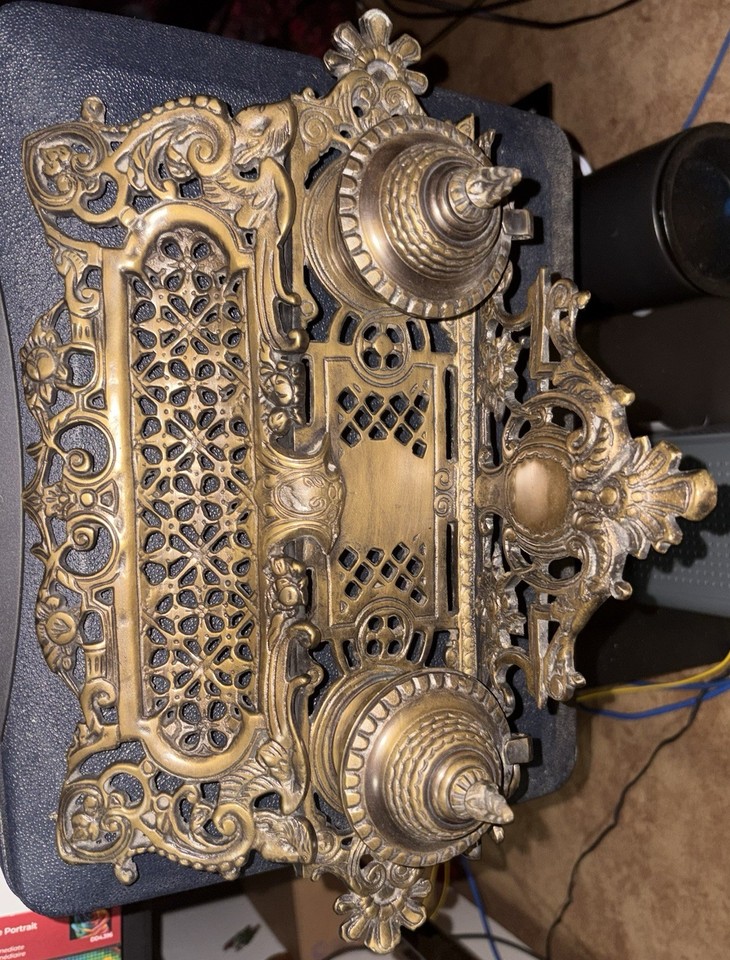 Antique French Louis XV Brass Double Inkwell Desk Set Rococo Figural Inkstand