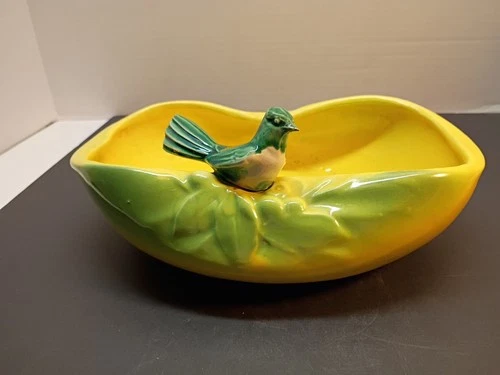 Vintage 1950 McCoy Yellow with Green Tints Bird Bath Oval Planter