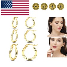 14K Gold Plated Hoop Earrings for Women, 4 Pairs Sterling Silver Post Small H...