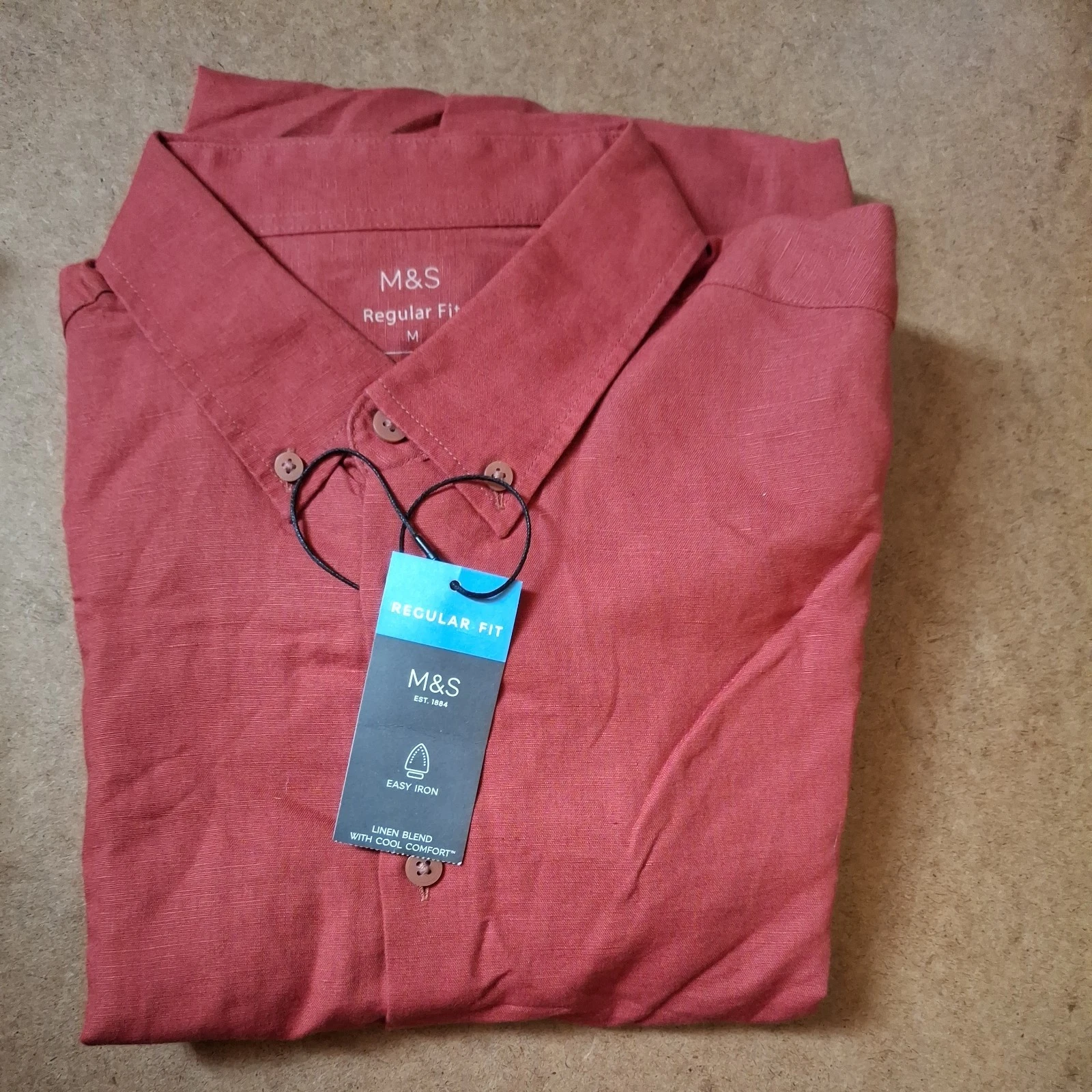 NEW M&S MEN'S RUST LINEN BLEND LONG SLEEVE EASY IRON SHIRT SIZE MEDIUM