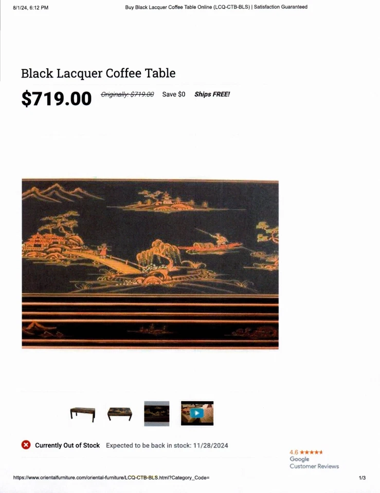 Nueva Mesa de Centro $719 Oriental Furniture Chinoiserie Laca Negra Dorada con Vidrio Foto 3 de 4