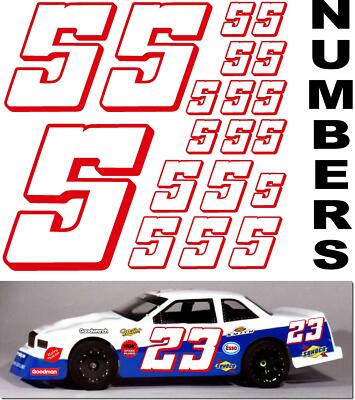 WHITE w/RED (#5's) Racing Numbers Decal Sticker Sheet 1/8-1/10-1/12 RC ...