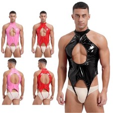 Men Cutout Catsuit Hollow Out Leotard Open Crotch Jumpsuit Nightclub Bodysuit