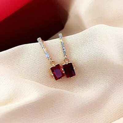3Ct Emerald Cut Simulated Red Ruby Drop Dangle Earrings 14k Yellow Gold Plated